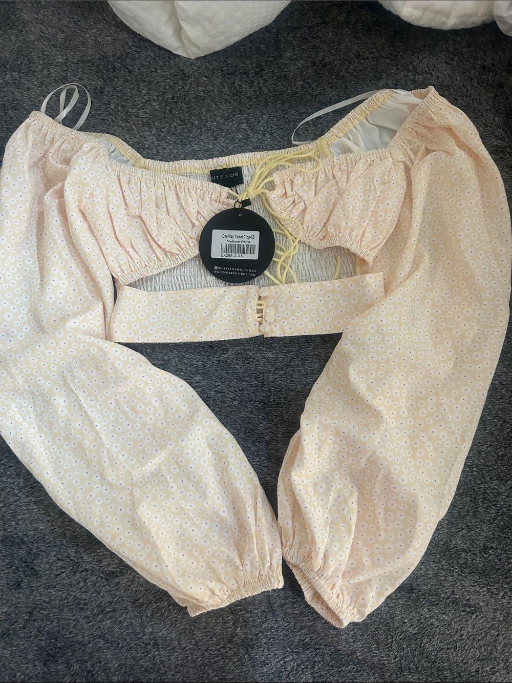 White Fox Boutique Pale Yellow Floral Eyelet Crop Top